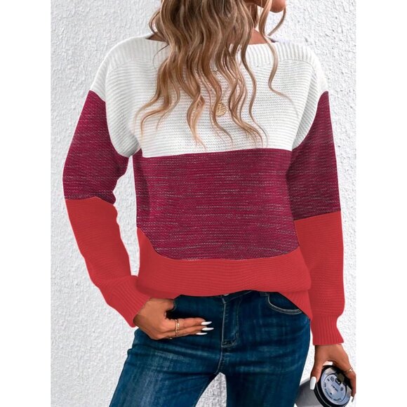 Women's Red Long Sleeve Crew Neck Color Block Fall Fashion Pullover Sweaters - Picture 4 of 5
